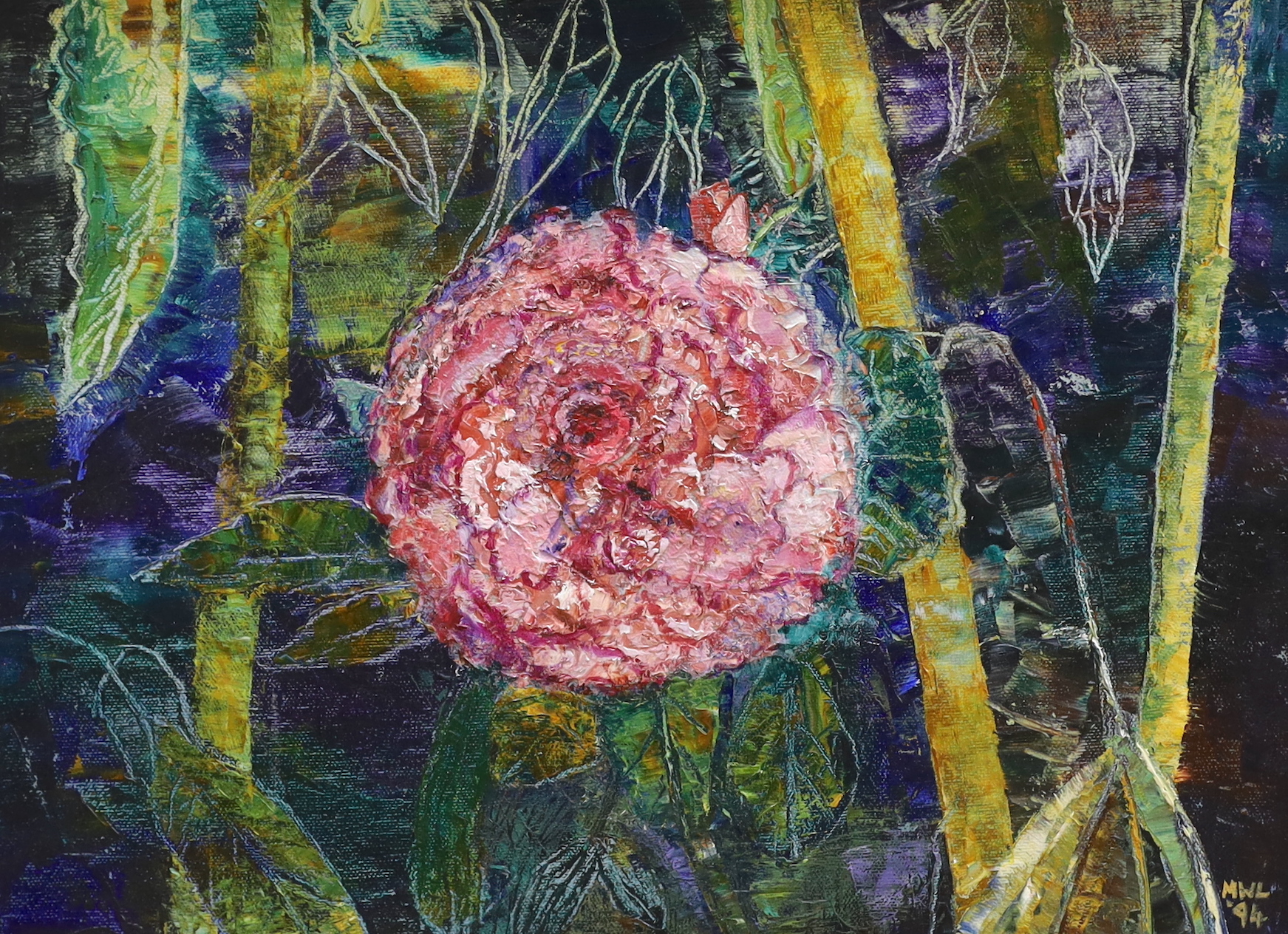 Marie Walker Last (1917-2017), impasto oil on board, 'Carnelia', initialled and dated '94, 40 x 30cm, together with a limited edition June 2018 catalogue